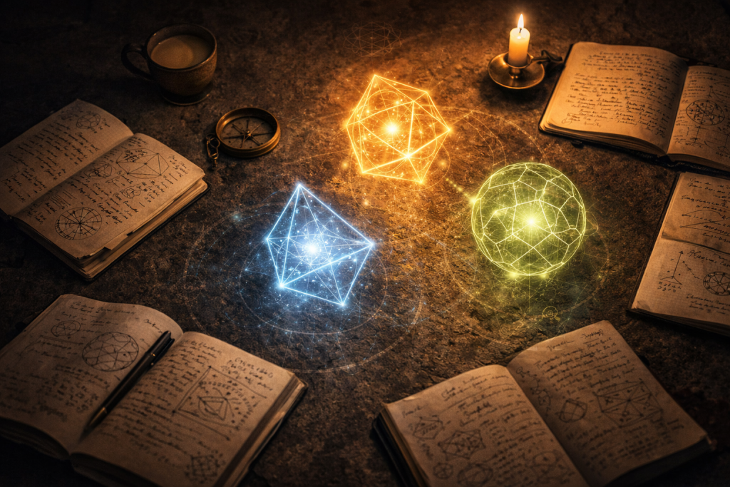 Overhead view of an ancient stone table scattered with open notebooks covered in handwritten diagrams, a brass compass, a cup of chai, and three glowing geometric forms — each a different color — hovering above the surface mid-dialogue with each other. Sacred geometry patterns faint in the stone. Warm candlelight. Deep shadow. No people. No screens. Shot like editorial documentary photography. Color palette: deep navy, antique gold, sage green, warm cream. Photorealistic.
